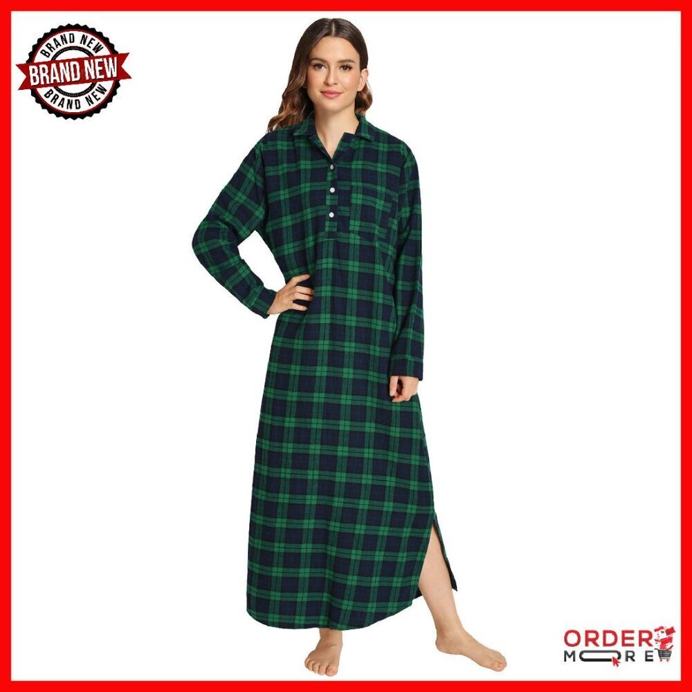 Full Length Flannel Nightgown Long Sleeve Button Front Sleep Shirt